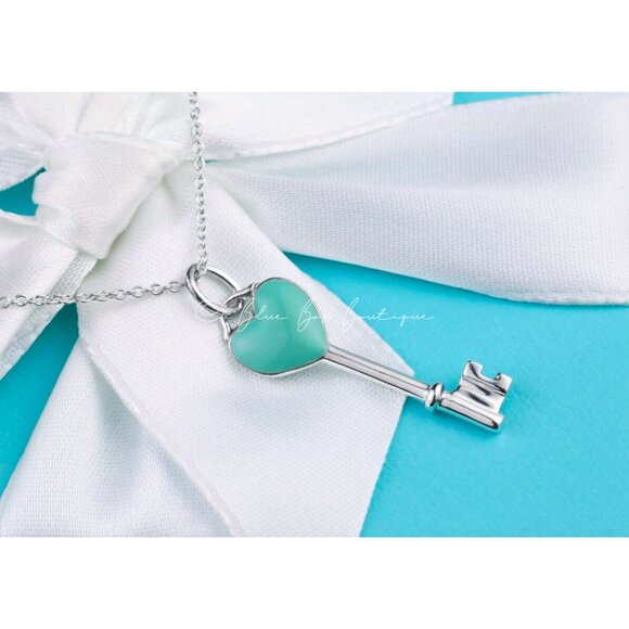 Tiffany & Co. Key Necklace Blue Enamel Heart Key Pendant in Sterling Silver - Picture 2 of 6